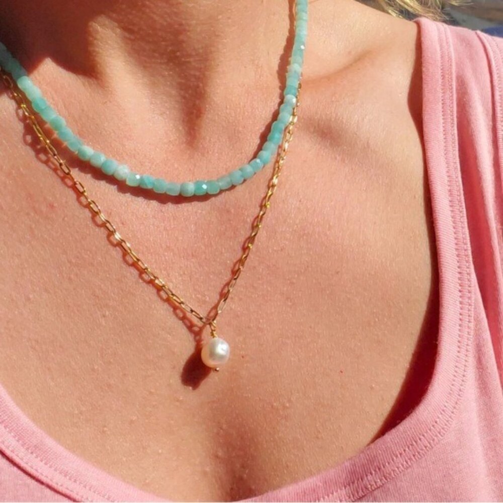 Waterproof Pearl Necklace paperclip chain gold layering necklace Minimalist